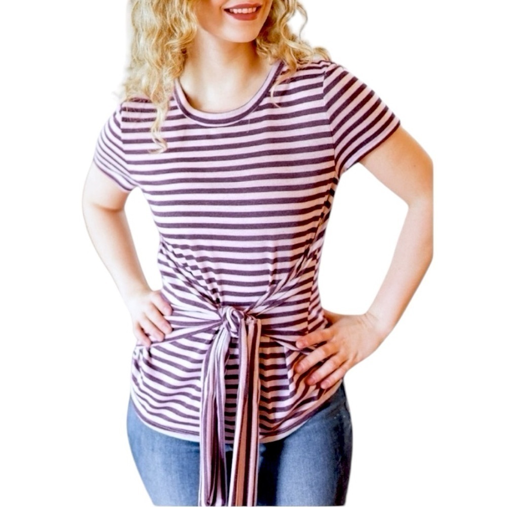 RED LOLLY Purple Short Sleeve Stripe Tie Waist Top